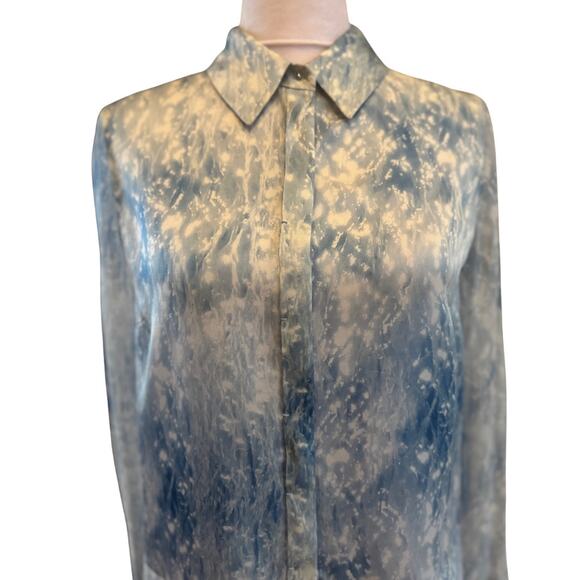 Elie Tahari 100% Blue Green Watery Silk Button down Sheer Sleeves Shirt Medium M - Picture 4 of 10